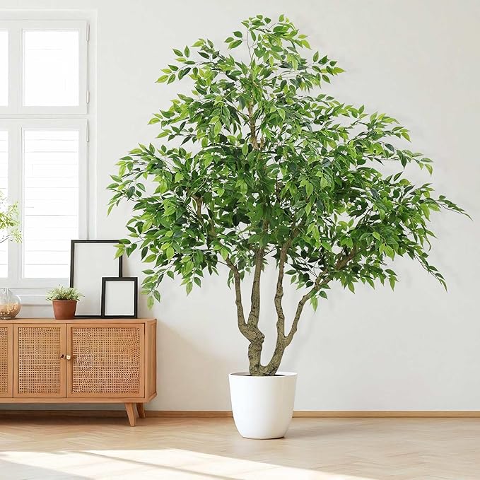 7FT Artificial Ficus Tree with Natural Trunk, 82.7" Tall Fake Banyan Plant with Realistic Green Leaves, No Watering UV Resistant Indoor Outdoor Tree for Home Patio Decor
