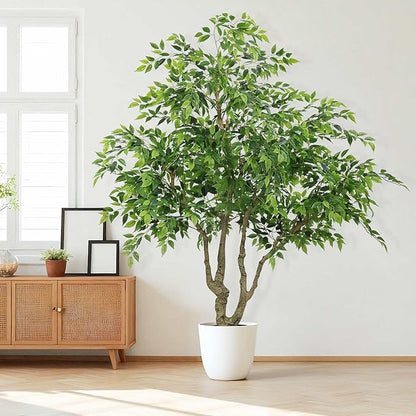7FT Artificial Ficus Tree with Natural Trunk, 82.7" Tall Fake Banyan Plant with Realistic Green Leaves, No Watering UV Resistant Indoor Outdoor Tree for Home Patio Decor