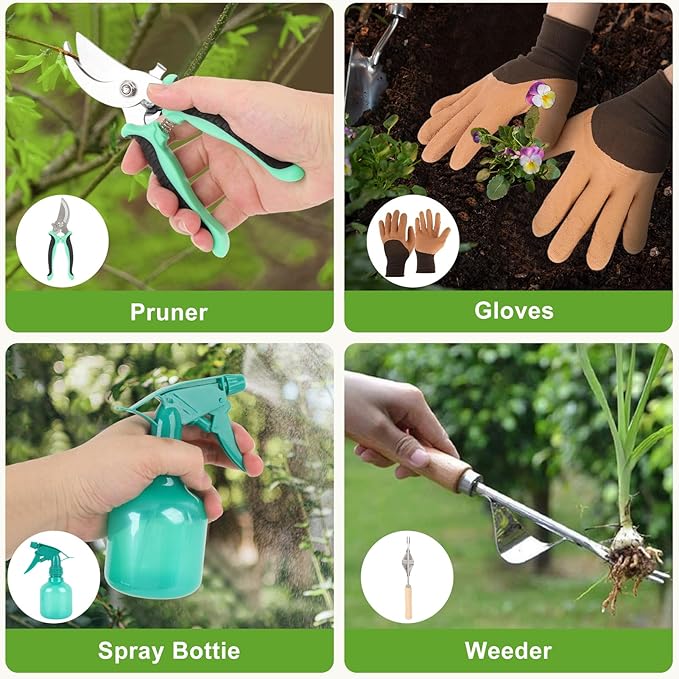 Gardening Tools 9 Piece Heavy Duty Rust-Proof Gardening Tool Set with Storage Bag and Anti-Slip Rubber Gloves, Ideal Gardening Gifts for Mothers and Women