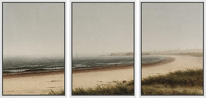 Ashbrook Framed Canvas Print Wall Art Set Misty Beach Horizon Nature Wilderness Illustrations Fine Art Decorative Seascape Horizon Vintage for Living Room, Bedroom, Office - 16"x24"x3 White