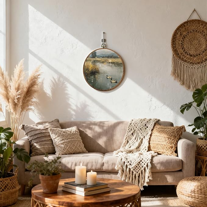 DEQSX Vintage Rustic Countryside Round Wall Art, Nature Cottagecore Lake Landscape Mallard Duck on Pond Wall Decor Canvas Prints Posters for Home Bedroom Living Room, 10x10 Inches