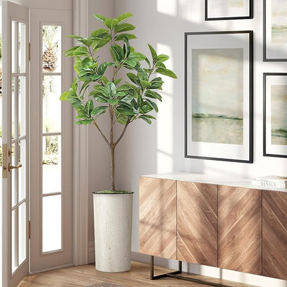 Artificial Tree in Modern Swirl Pattern Planter, Fake Rubber Silk TRE for Indoor and Outdoor Home Decoration - 70" Overall Tall (Plant Pot Plus Tree)