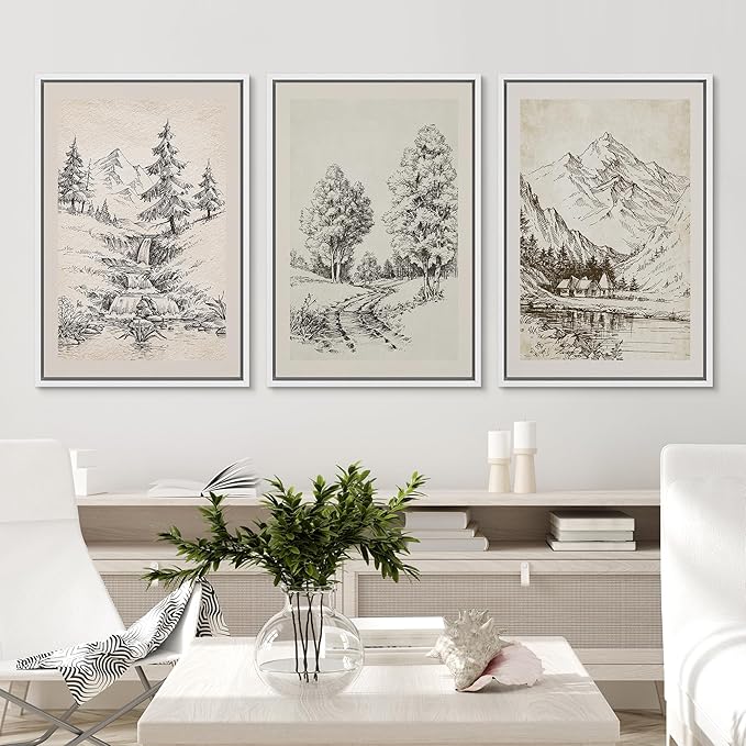 Ashbrook Framed Canvas Print Wall Art Set Vintage Country Forest Landscapes Nature Wilderness Illustrations Fine Art Floral Botanical Minimal Calm/Relax/Cozy for Bedroom - 16"x24"x3 WHITE