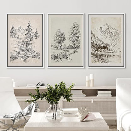 Ashbrook Framed Canvas Print Wall Art Set Vintage Country Forest Landscapes Nature Wilderness Illustrations Fine Art Floral Botanical Minimal Calm/Relax/Cozy for Bedroom - 16"x24"x3 WHITE