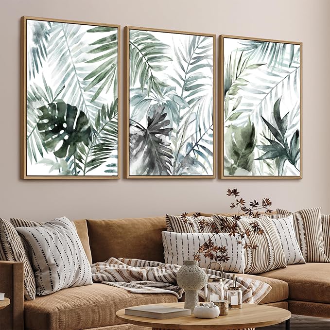 Large Framed Canvas Wall Art - Natural Float Framed Tropic Leaf Pictures Wall Art Prints for Living Room Decor Green Plants Artwork for Bedroom Kitchen Home Office Decoration 96" X 48" Set of 3