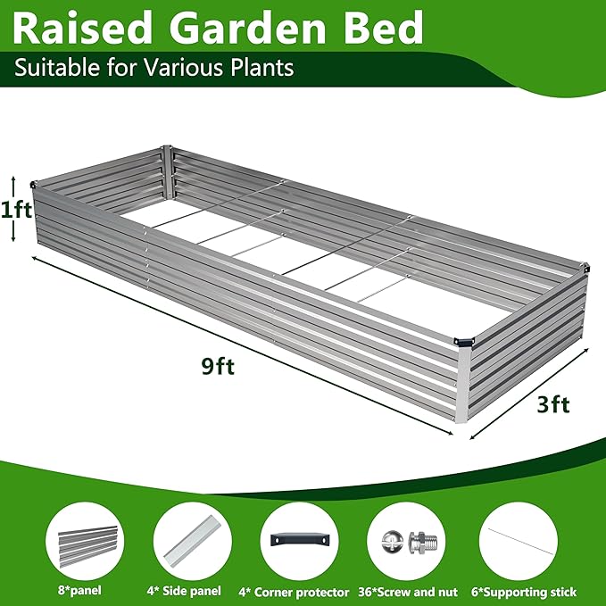 2PCS 9x3x1ft Galvanized Metal Raised Garden Bed Kit,Outdoor Planter Box Vegetables,Flowers,Herbs Durable Rust-Resistant Patio Gardening Beds,Silver