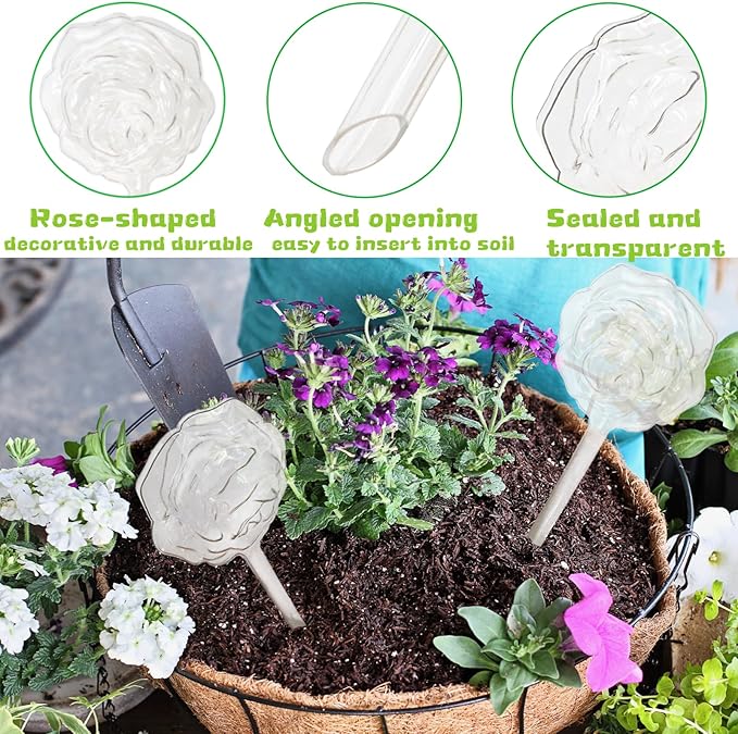 6 Pack Plant Watering Globes, Self Watering Bulbs Drip Irrigation Device for Indoor and Outdoor Plant, Vacation Plant Watering Devices (Rose Shape)