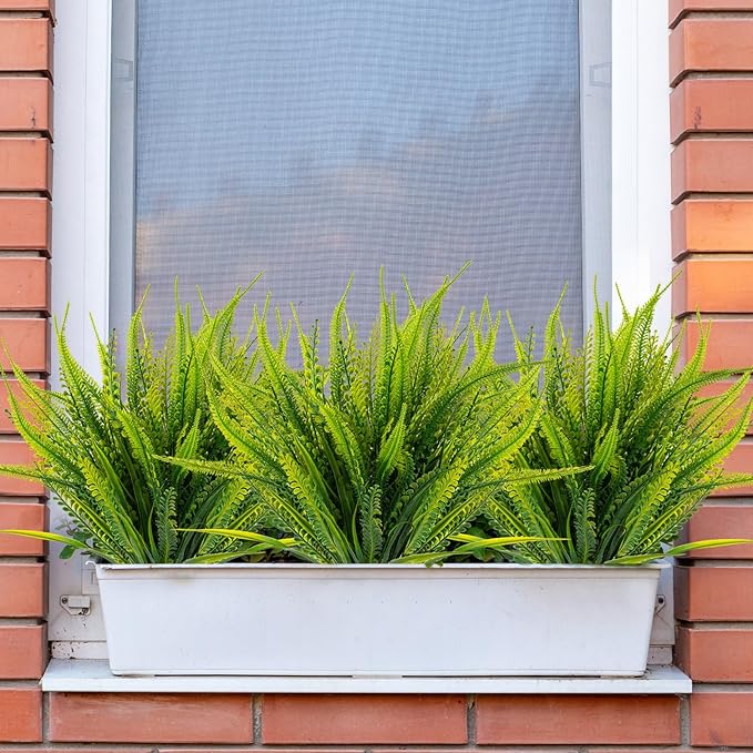 12 Bundles Artificial Plants Outdoor Fake Boston Fern Greenery with Flowers Faux UV Resistant Shrubs Garden Patio Porch Window Box Farmhouse Hanging Decor(Green)