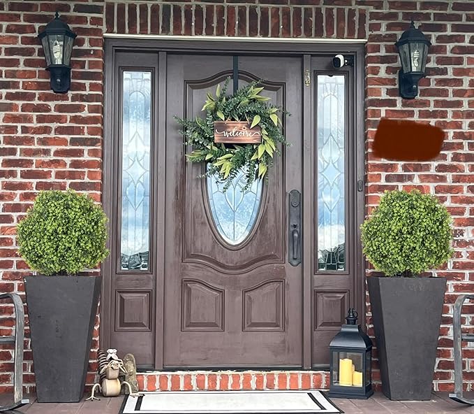 24" Faux Boxwood Plants Outdoor, Artificial Topiary Ball Trees Set of 2, UV Resistant Fake Potted Evergreen Realistic Greenery Bushes Shrubs for Outside Front Porch Planter Patio Indoor Decor 2ft Tall