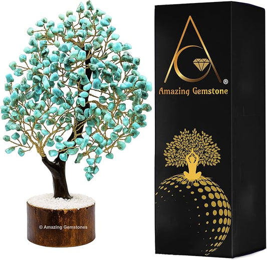 Amazing Gemstone Larimar Natural Healing Premium Crystal Bonsai Feng Shui Fortune Money Tree of Life for Home Office Decor (Gift Box Ready,10-12 Inch)