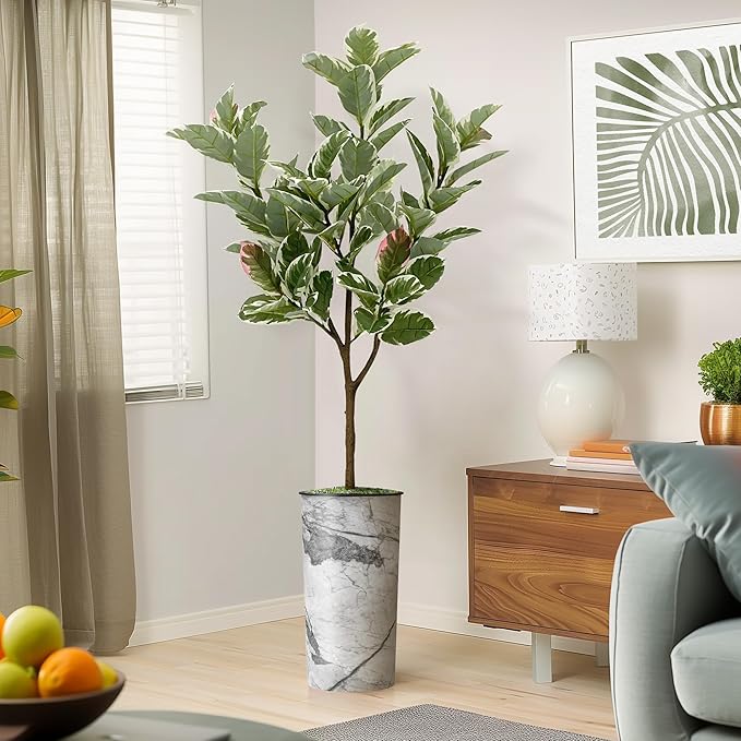 Artificial Tree in Gray Marble Effect Planter, Fake Rubber Silk Tree for Indoor and Outdoor Home Decoration - 70" Overall Tall (Plant Pot Plus Tree)