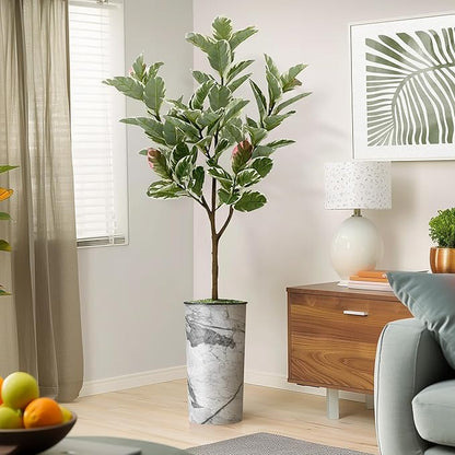 Artificial Tree in Gray Marble Effect Planter, Fake Rubber Silk Tree for Indoor and Outdoor Home Decoration - 70" Overall Tall (Plant Pot Plus Tree)