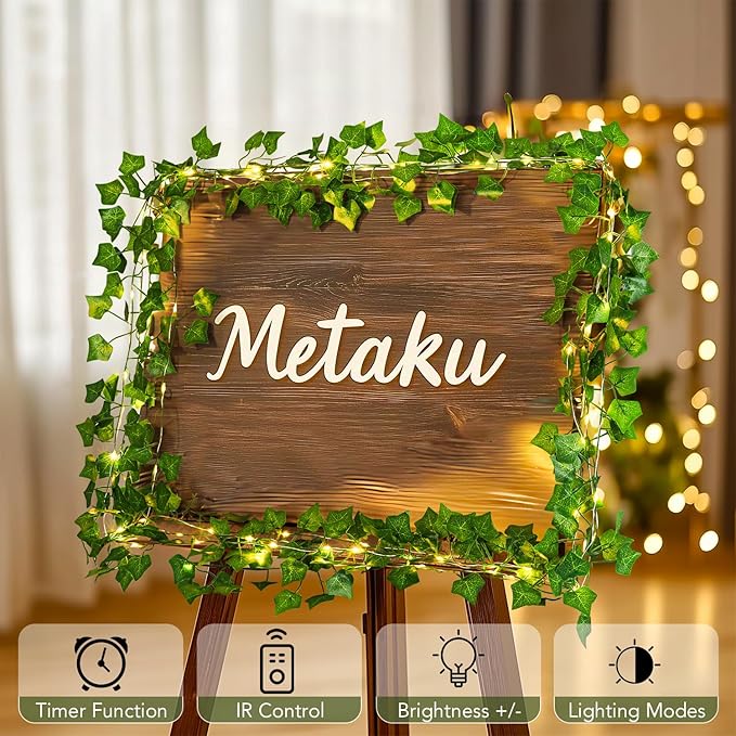 Metaku 33FT 100 LED Vine with Fairy Lights, Battery Operated Ivy String Lights with Remote, Warm White Leaf Lights for Bedroom, Room, Wall, Wedding, Garden, PartyDecor