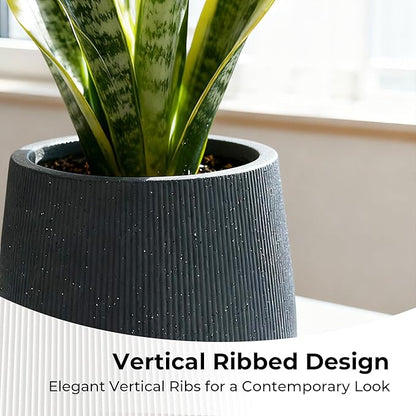 Worth Garden Dark Gray Round Planter, 9" Dia x 13" H Lightweight Magnesium Oxide Cement Plant Pot with a Striped Textured Finish, Raised Pattern Concrete Look, Drainage Hole, Indoor & Outdoor Use