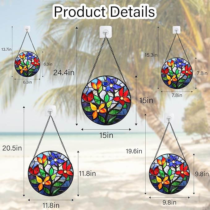 Stained Glass Window Hanging Colorful Flowers Leaves Large 11.8" - Suncatcher Door Garden Sun Catcher Home Decor Birthday Christmas Mother's Day for Mom Men Woman Nana Friend