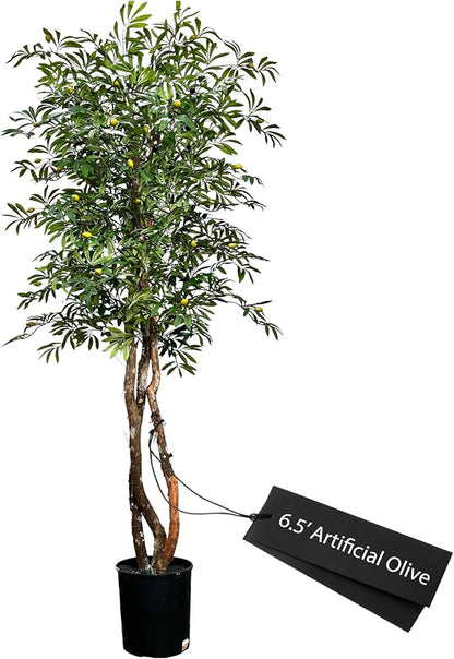 Cypress & Alabaster Handmade 6.5ft Mediterranean Olive Artificial Tree with Ethically Sourced Real Wood Trunks, Hypoallergenic, 6.5-Foot, Green