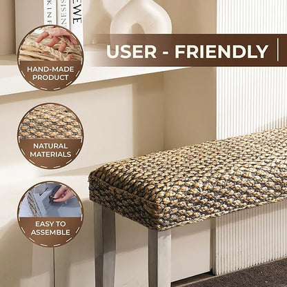 Solid Wood Acacia Bench with Natural Woven Seat, Boho Bench Entryway, Wood Bench for Living Room, Porch Lawn Garden Yard or Entryway (Plait Style - Grey Leg, Water Hyacinth)