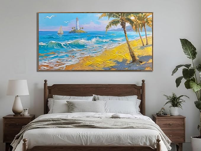 Brushart Beach Nautical Wall Art for Living Room Large Coastal Bedroom Pictures Paintings Wall Decor Ocean Textured Artwork for Dining Room Walls Home Office, Framed 58"x29"