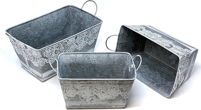 allgala Galvanized Planter Pot Indoor and Outdoor Decoration-Rectangle Grey-3-PC-HD88318