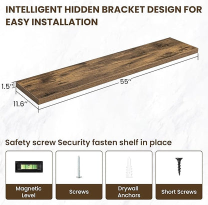55 Inch Floating Shelves, 12 Inch Deep Floating Shelves for Wall, Floating Shelf with Invisible Brackets, Deep Shelves for Bathroom, Bedroom, Living Room, 1 Pack, Brown