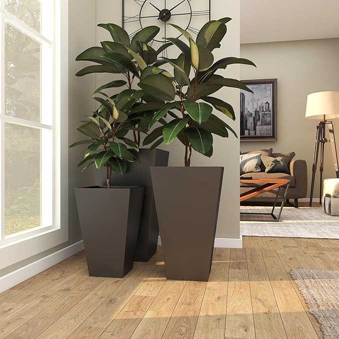 Deco 79 Metal Geometric Indoor Outdoor Planter Light Weight Minimalistic Large Planter Pot with Tapered Base, Set of 3 Planters 17", 21", 25"H, Dark Gray