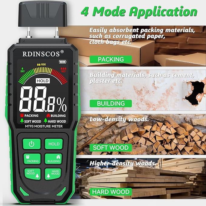 Rechargeable Moisture Meter for Wood, Drywall & Flooring – Pin-Type Moisture Detector with Replaceable Pins, Hold Function & Custom Wood Settings