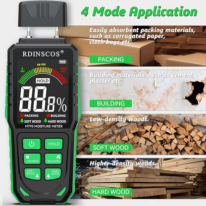 Rechargeable Moisture Meter for Wood, Drywall & Flooring – Pin-Type Moisture Detector with Replaceable Pins, Hold Function & Custom Wood Settings