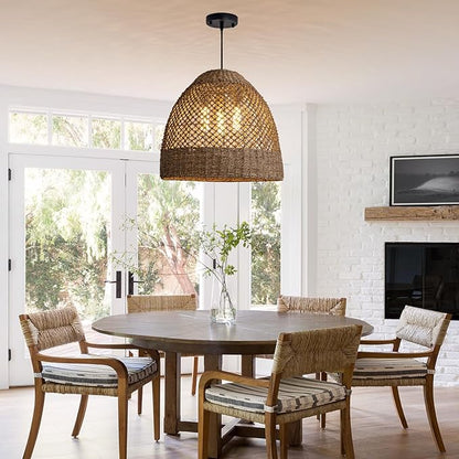 18.9" Costoal Pendant Light Fixture 3-Lights Farmhouse Rattan Chandelier Boho Hand Woven Wicker Hanging Light Fixture for Kitchen Island Living Room Bedroom Dining Room Foyer Restaurant