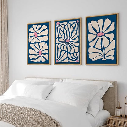 Ashbrook Framed Canvas Print Wall Art Set Mid-Century Modern Navy Blue Flowers Nature Wilderness Illustrations Modern Art Floral Botanical Minimal Calm/Relax/Cozy for Bedroom - 24"x36"x3 Natural