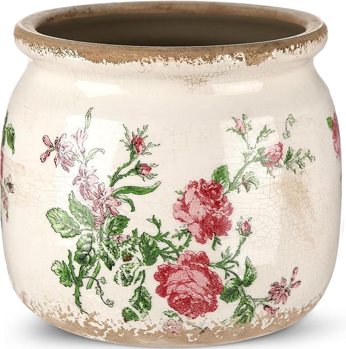 7.7" Large Ceramic Plant Pot Beige Red Romantic Rose Crackle Glaze Rustic Flowers Pot Decorative Planter with Drainage for Indoor Outdoor Plants Home Kitchen Office Decor Gift