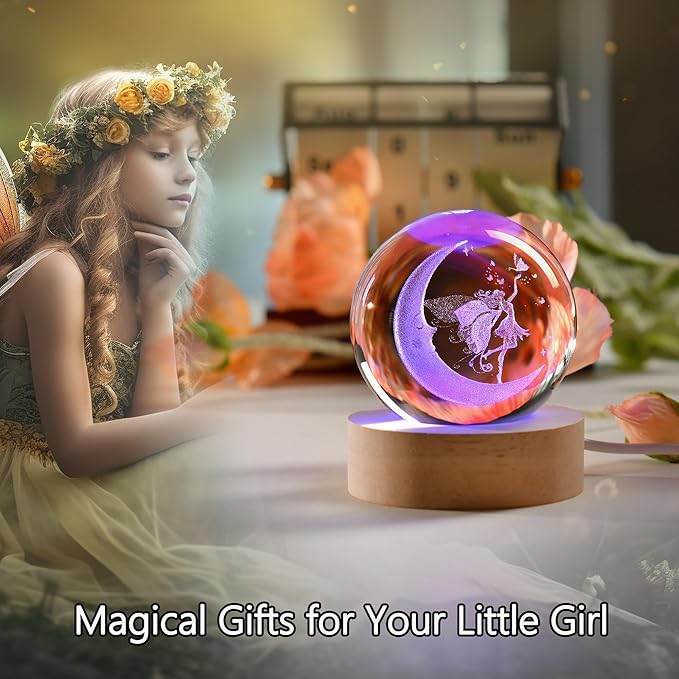IFOLAINA Moon Fairy Crystal Ball Fairy Gifts for Girls Her Fairy Lovers Birthday Gifts for Daughters 3D Crystal Fairy Sphere Lamp Decorative Fairy Figurine Home Decor