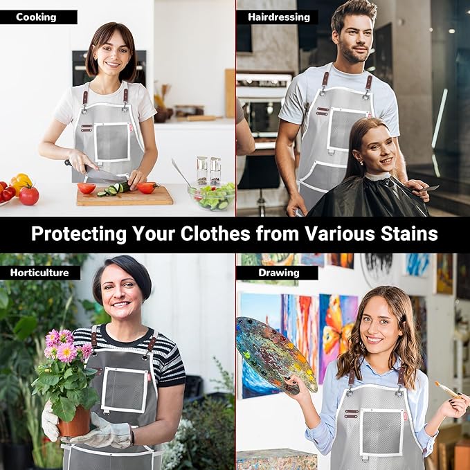 Waterproof Work Apron for Chefs, Hair Stylists, Artists, Gardeners, Adjustable, Multi-Pockets, TPU Mesh Fabric, Plus Size