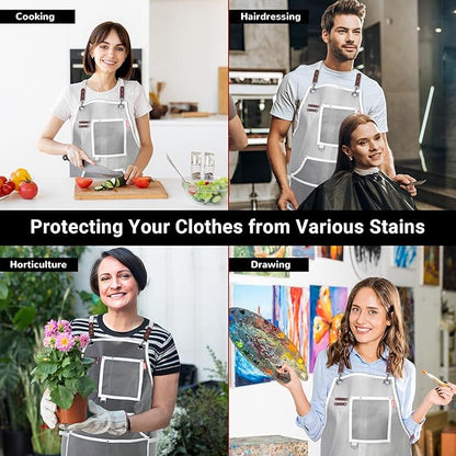 Waterproof Work Apron for Chefs, Hair Stylists, Artists, Gardeners, Adjustable, Multi-Pockets, TPU Mesh Fabric, Plus Size