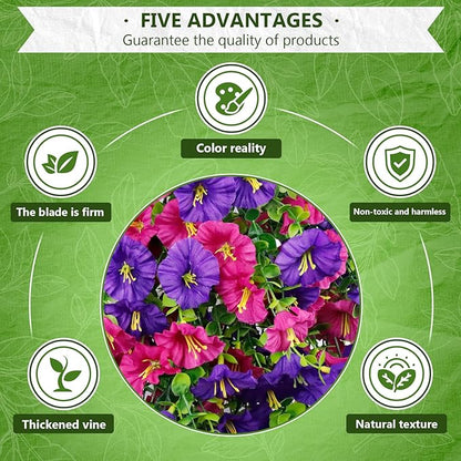 Fake Hanging Plants, Faux Hanging Plant Artificial Greenery for Living Room Bedroom Boho Wall Shelf Indoor Outdoor Decor (4-Pack, Purple Pink Morning Glory)