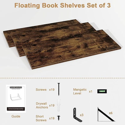Fun Memories Long Wall Shelves for Bedroom, Set of 3 Large 40-Inch Floating Bookshelves, Rustic Wood Display Shelf for Home and Office (Rustic Brown)