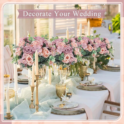 6 Pcs Artificial Peony Silk Florals Fake Mix Silk Peony Rose Faux Flower Hydrangea Bouquet Elegant Realistic Wedding Floral Centerpiece for Home Party Table Arrangement (Champagne with Purple)