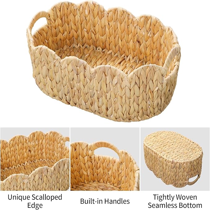 Scalloped Basket,Water Hyacinth Basket for Organizing and Decor,Hand-Woven Rattan Baskets with Built-In Handles for Living Room,Bedroom,Laundry,2 Pack