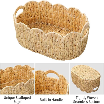 Scalloped Basket,Water Hyacinth Basket for Organizing and Decor,Hand-Woven Rattan Baskets with Built-In Handles for Living Room,Bedroom,Laundry,2 Pack