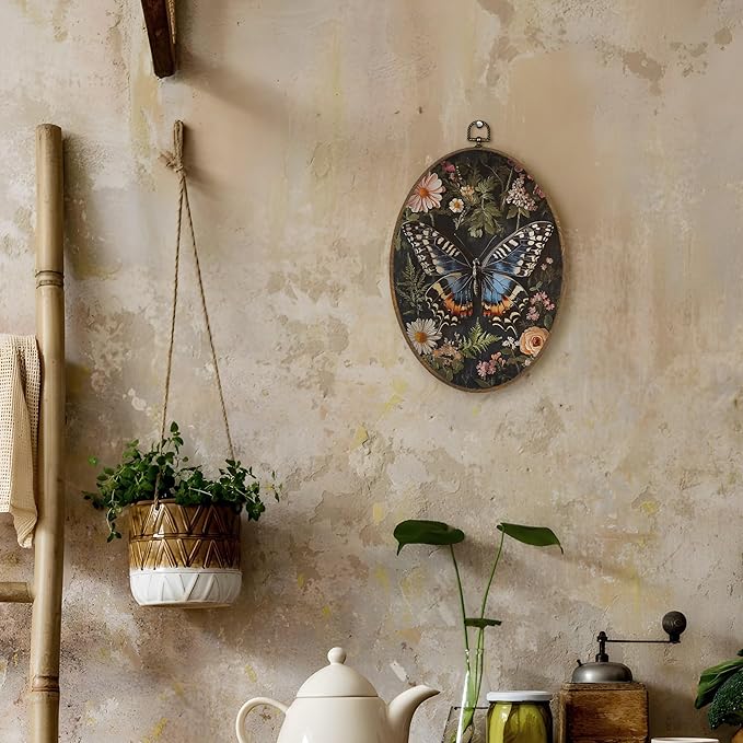 LKETW William Morris Butterfly Floral Oval Wall Art Decor, Vintage Butterfly Botanical Oval Canvas Hanging Decor, Cottagecore Moth Flower Wall Decorations for Home Bedroom Living Room, 8.6x11.4 Inch