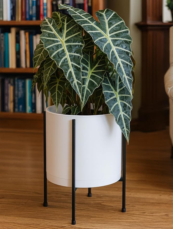 D'vine Dev 12 Inch White Planter Pot with Stand – Modern Plastic Cylinder Flower Pot with Heavy-Duty Metal Stand for Indoor Plants, 55-D-A-3