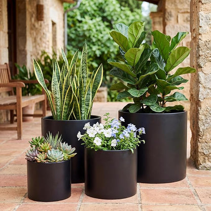 FaithLand Plant Pot 14 inch - Perfectly Fits Mid-Century Modern Plant Stand - Drainage Plug and Drainage Mesh Screen - Matte Black