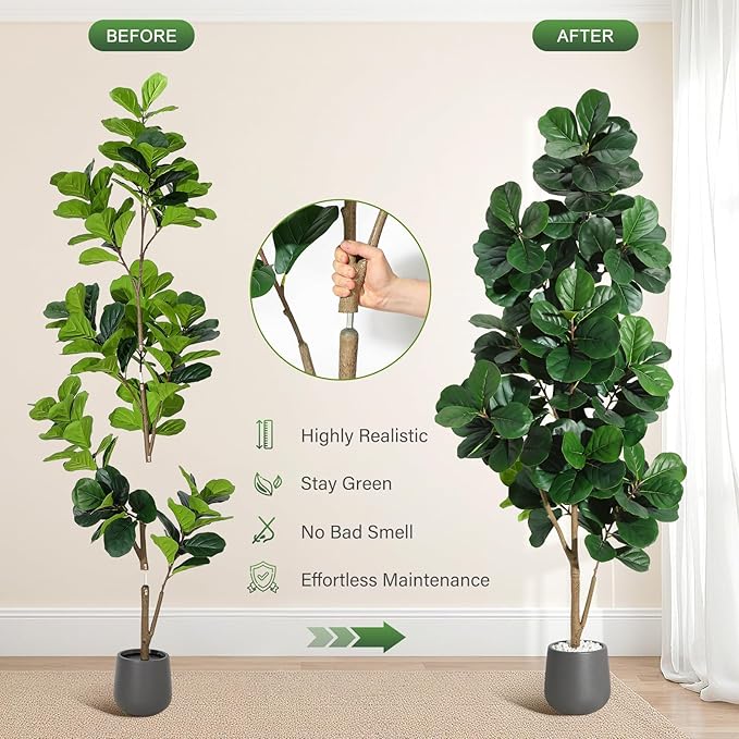 7 ft Fiddle Leaf Fig Tree Artificial with 141 Leaves - Realistic Faux Ficus Lyrata Trees in 9 in Grey Planter Pot, Indoor Fake Floor Plants for Home Office Living Room Decor, Housewarming Gift