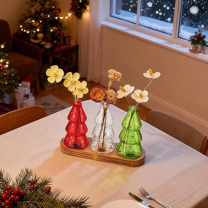 Plant Propagation Stations with Vintage Wooden Pallet,Tricolor Christmas Tree Glass Vase for Plants with DIY Sticker Decoration and Cleaning Brush,Thoughtful and Elegant