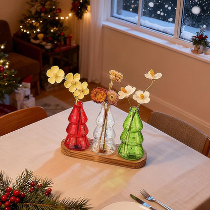 Plant Propagation Stations with Vintage Wooden Pallet,Tricolor Christmas Tree Glass Vase for Plants with DIY Sticker Decoration and Cleaning Brush,Thoughtful and Elegant