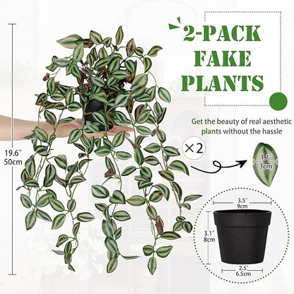 2 Pack Fake Hanging Plants for Shelf in Back Pot, Small Artificial Hanging Ivy Vine Plants Indoor Fake Potted Greenery Plant for Home Room Wall Tabletop Mantel Decor, Mimi Faux Peperomia Plant Set
