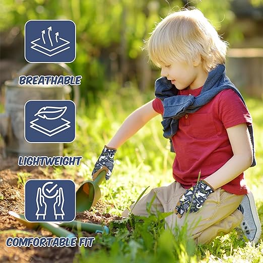 HANDLANDY Kids Genuine Leather Gardening Gloves for ages 3-11, Children Toddler Work Outdoor Playing Gloves for Boys Girls Gift (Small (for age 2-4), Blue)