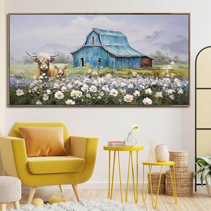 Anolyfi Highland Cow Farmhouse Wall Dceor for Living Room, Barn Picture Wall Decor for Bedroom Dining Room Office Hallway Home Decor, Framed 58"x29"