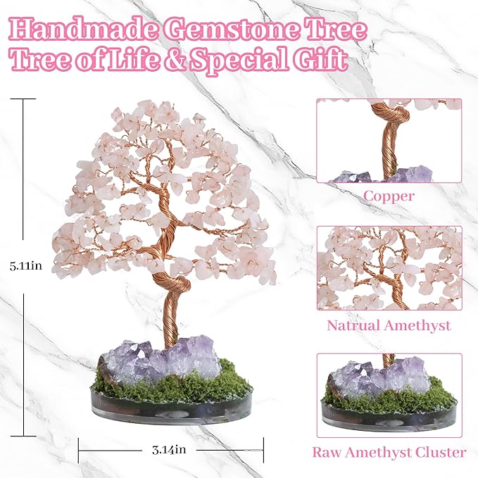 Dreamocean Rose Quartz Crystal Tree of Life Natrual Amethyst Cluster Geode Crystal Money Gemstone Bonsai Tree for Positive Energy, Money, Good Luck Pink Gifts for Women（Pink）