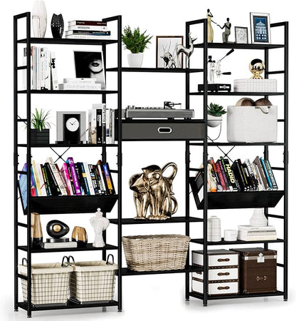 NUMENN Triple Wide 6 Tier Bookshelf, Adjustable Rustic Industrial Style Book Shelves, Modern Bookcases and Bookshelves Furniture for Bedroom, Living Room and Home Office, Black