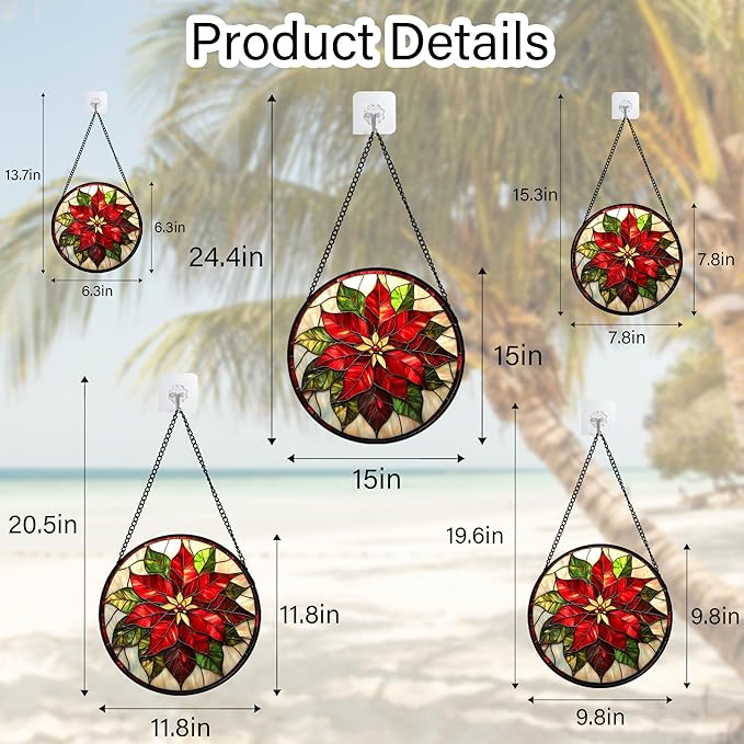 Stained Glass Window Hanging - Red Poinsettia Birth Flowers Suncatcher for Door Garden Yard Sun Catchers Decor Christmas Mother's Day Birthday Gifts for Women Mom Nana Teacher Friend 15 in